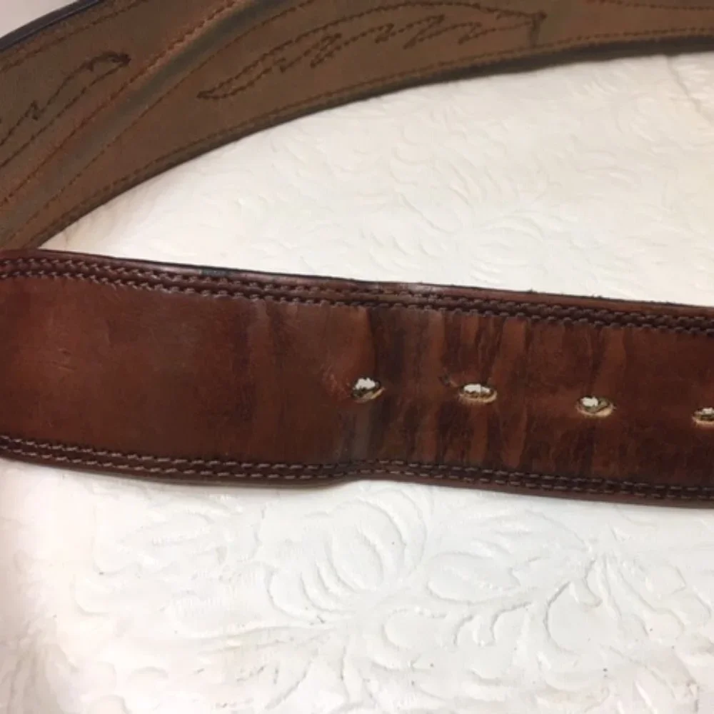Original Larry Malan's Leegin Brown Leather Stitched Overlay Rodeo Belt Size 44